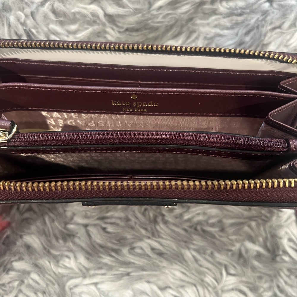 kate spade Burgundy Leather Zip-Around Wallet with Gold Logo - Picture 3 of 4